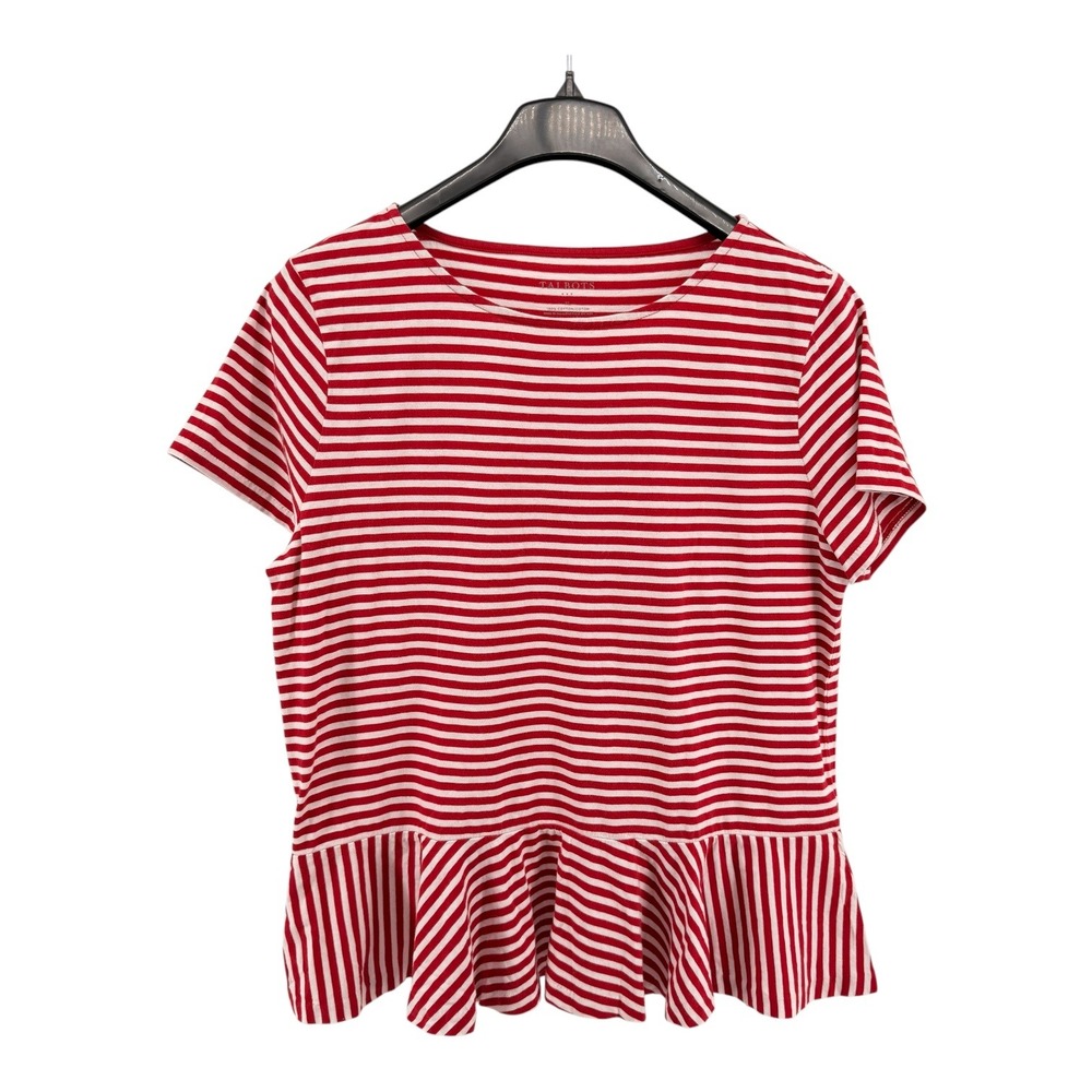 Talbots Peplum Top Women XL Pre-Owned Tee Red White Striped Short Sleeve Cotton